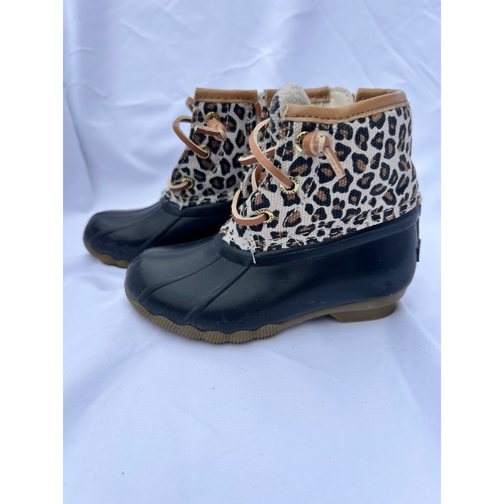 Sperry Kids Saltwater Leopard Print Duck Boots Black Brown Animal Print Zip